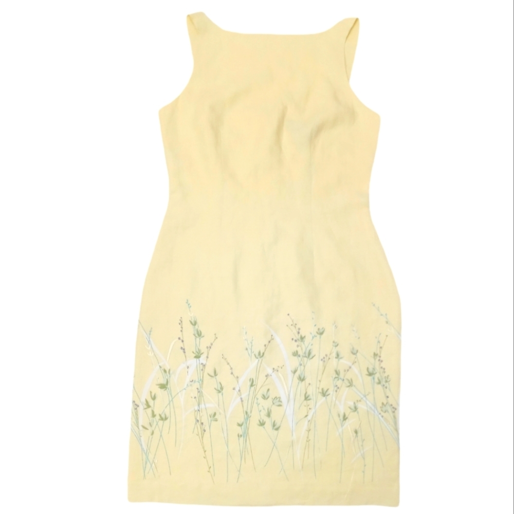 B.Moss Pastel Yellow Linen Embroidered Sheath Dress